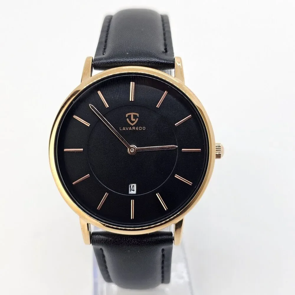 Men's Watch 40MM Black Dial Gold Case Black‎ Leather Band Straps Date Indicator